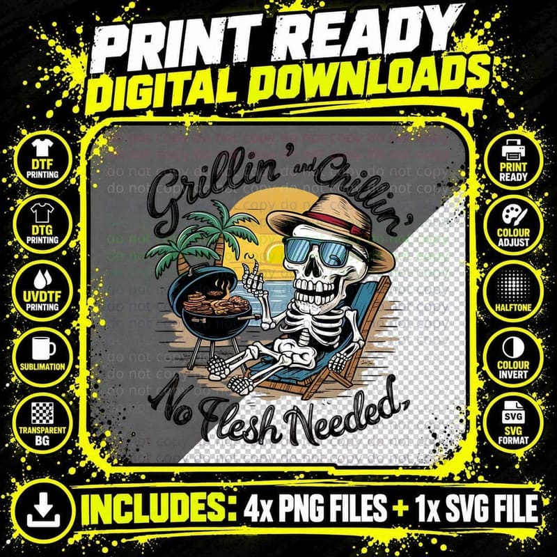 Skeleton Beach Lounger Tiki Halloween T-Shirt Png SVG Digital Bundle