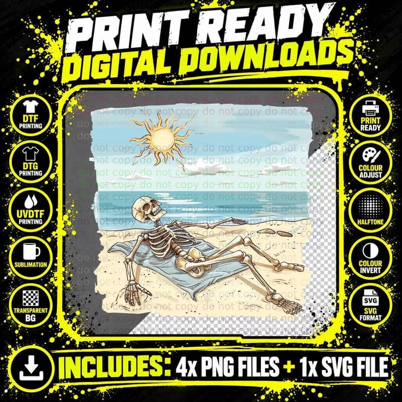 Skeleton Beach Lounging Sun Summer T-Shirt Png SVG Digital Bundle