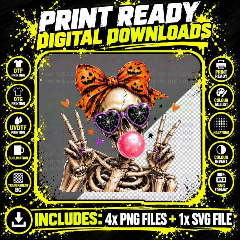 Skeleton Chewing Gum Halloween T-Shirt Png SVG Digital Bundle