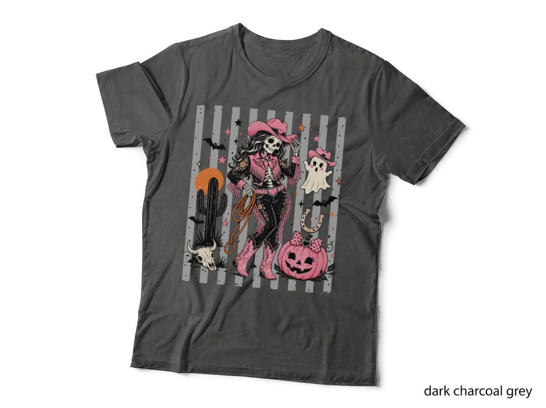 Skeleton Cowgirl Pink Boots Halloween T-Shirt, Spooky Season Graphic Tee