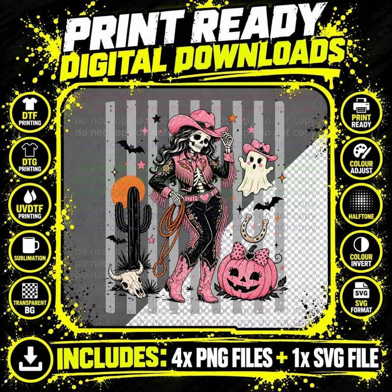 Skeleton Cowgirl Pink Boots Halloween T-Shirt Png SVG Digital Bundle