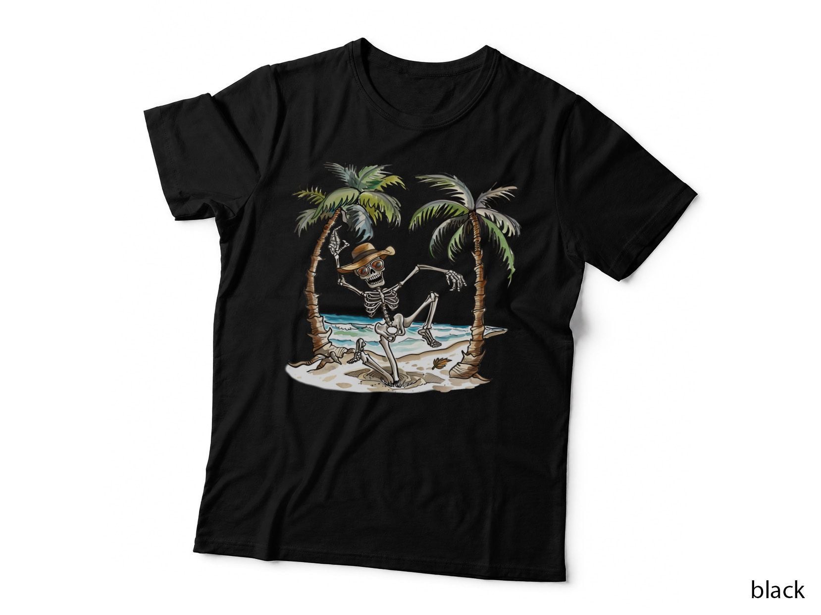 Skeleton Dancing on Beach with Palm Trees Funny Skull T-Shirt