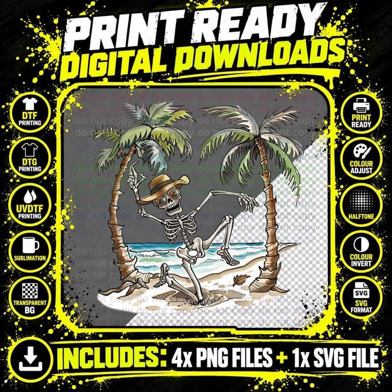 Skeleton Dancing on Beach with Palm Trees Funny Skull Png SVG Digital Bundle