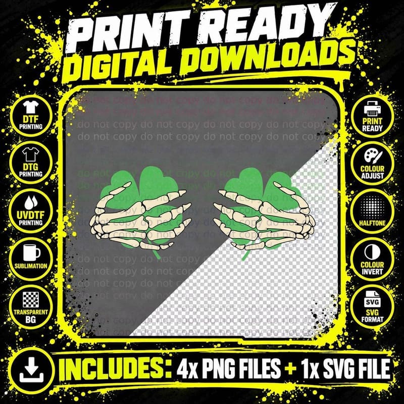 Skeleton Hands Holding Shamrocks St Patricks Day T-Shirt Png SVG Digital Bundle