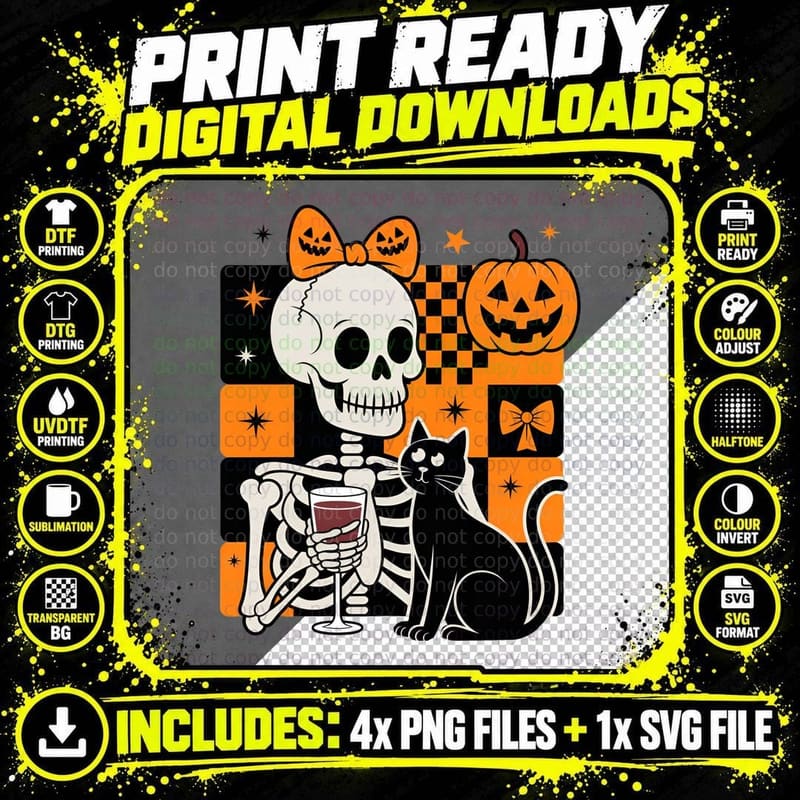 Skeleton Holding Wine with Cat Halloween T-Shirt Png SVG Digital Bundle