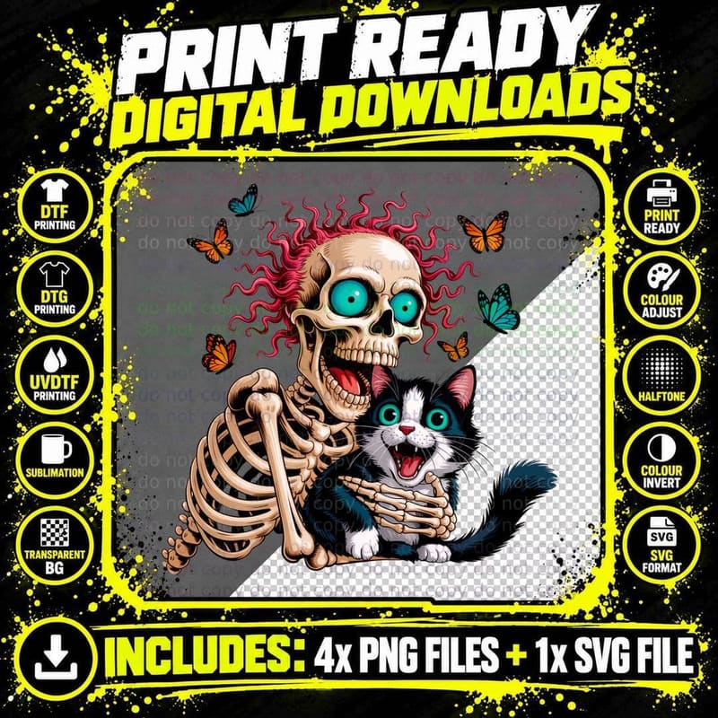 Skeleton Hugs Cat with Butterflies Funny Skull T-Shirt Png SVG Digital Bundle