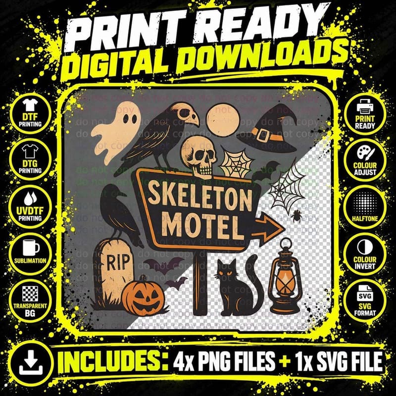Skeleton Motel Halloween T-Shirt, Haunted Motel Skeleton Png SVG Digital Bundle