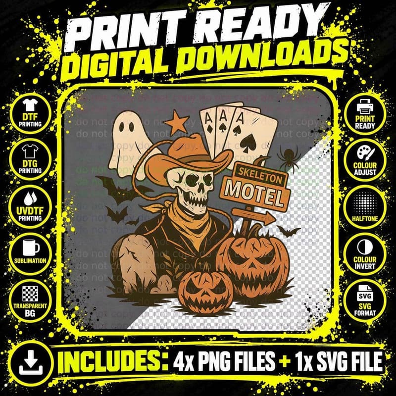 Skeleton Motel Halloween T-Shirt, Skeleton Cowboy with Png SVG Digital Bundle
