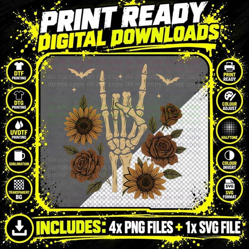 Skeleton Peace Hand Flowers Halloween T-Shirt Png SVG Digital Bundle