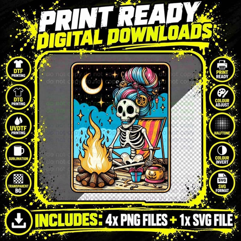 Skeleton Relaxing by Campfire Outdoor Adventure T-Shirt Png SVG Digital Bundle