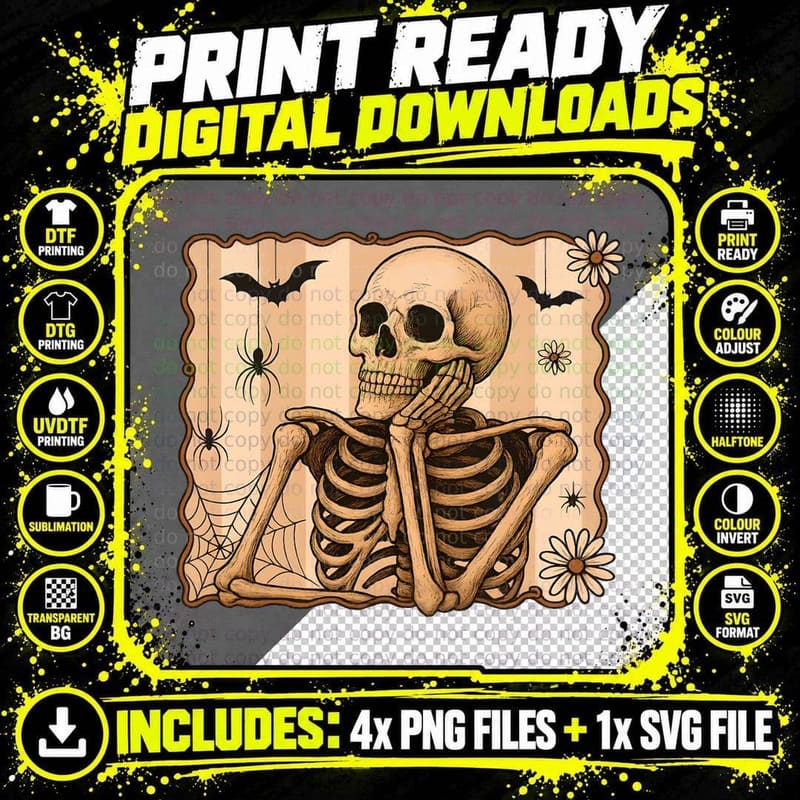 Skeleton Spiderwebs and Flowers Halloween T-Shirt Png SVG Digital Bundle