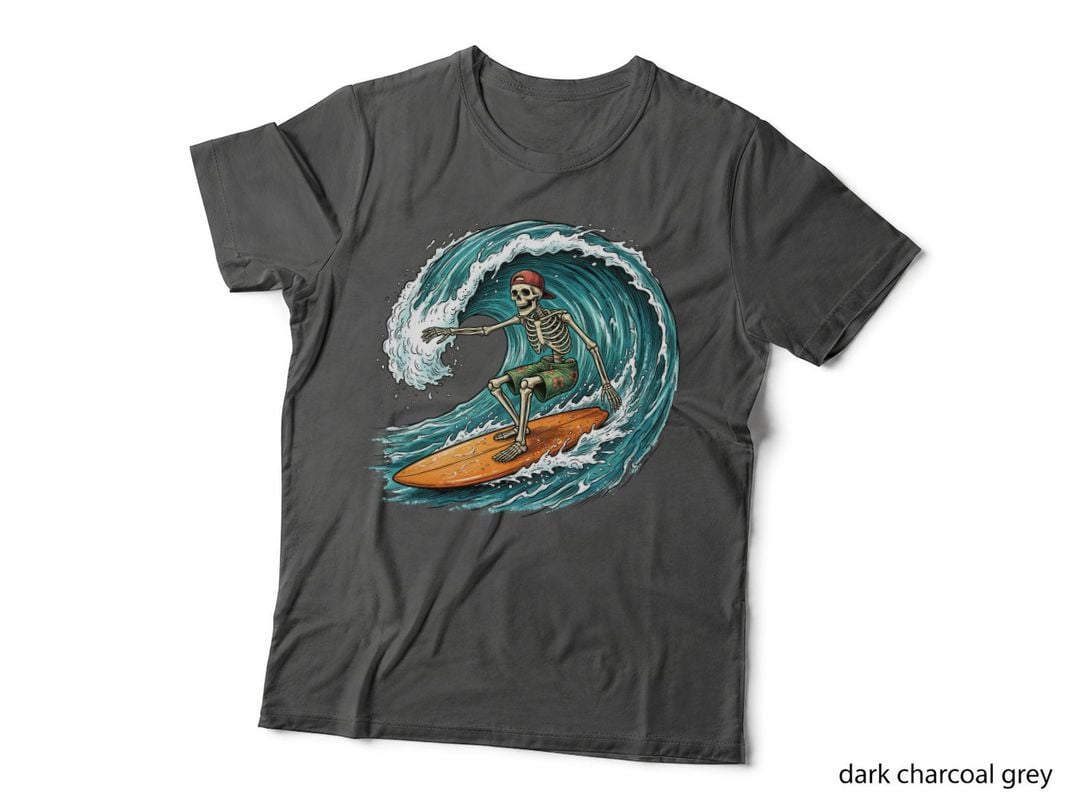 Skeleton Surfer Big Wave Surfboard Summer T-Shirt, Beach Vibes Graphic Tee