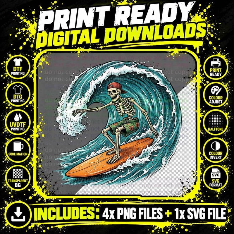 Skeleton Surfer Big Wave Surfboard Summer T-Shirt Png SVG Digital Bundle