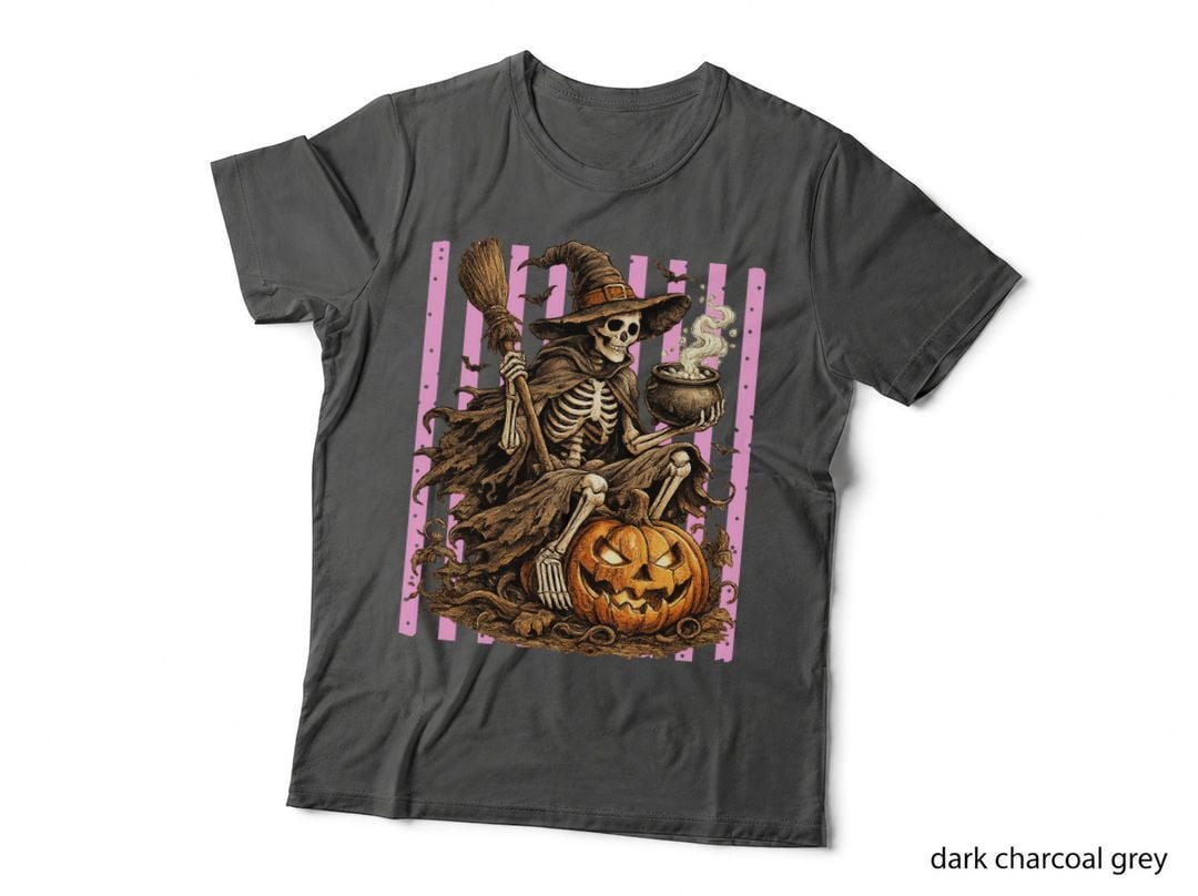 Skeleton Witch Halloween Pumpkin Fall T-Shirt, Autumn Season Graphic Tee