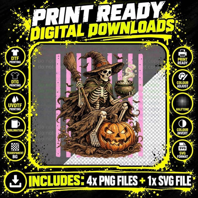 Skeleton Witch Halloween Pumpkin Fall T-Shirt Png SVG Digital Bundle