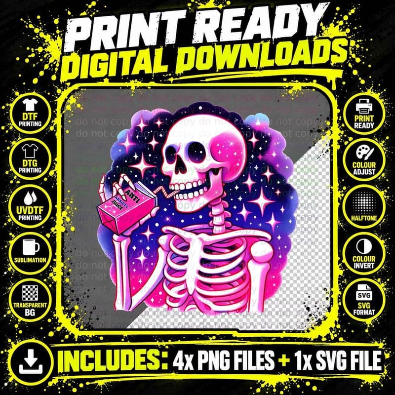 Skeleton with Neon Juice Box T-Shirt Png SVG Digital Bundle