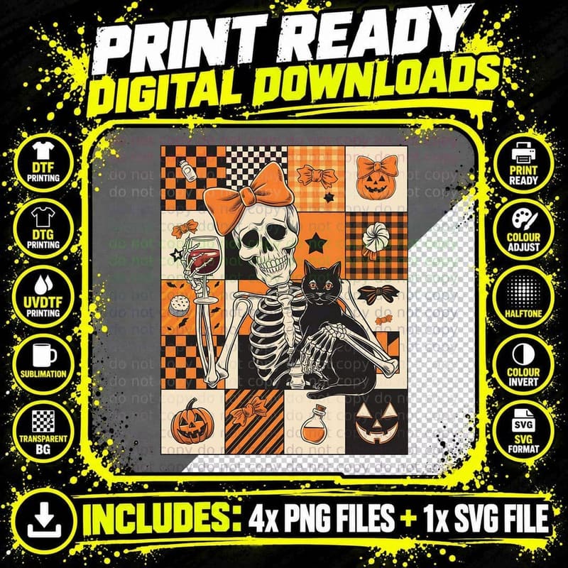 Skeleton with Orange Bow and Cat Halloween T-Shirt Png SVG Digital Bundle