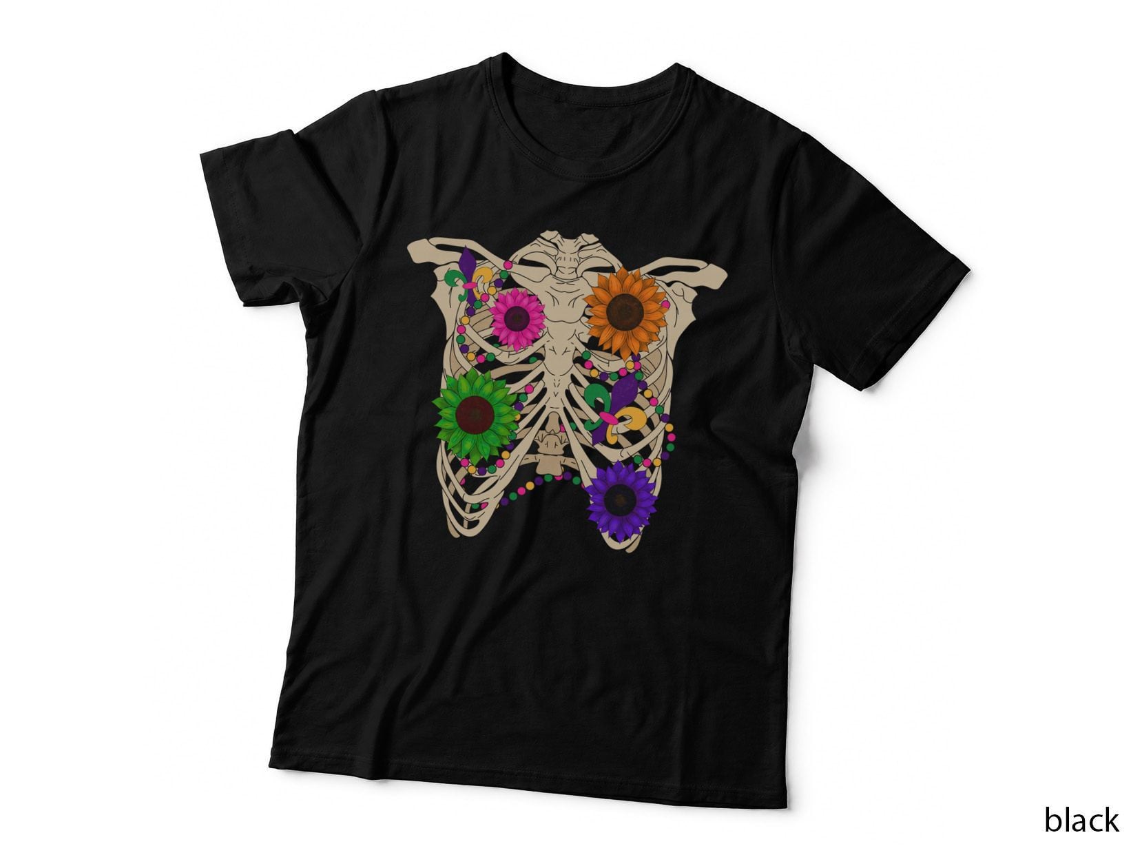 Skeleton with Sunflowers and Beads Mardi Gras T-Shirt, Mardi Gras Graphic Tee