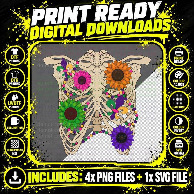 Skeleton with Sunflowers and Beads Mardi Gras T-Shirt Png SVG Digital Bundle