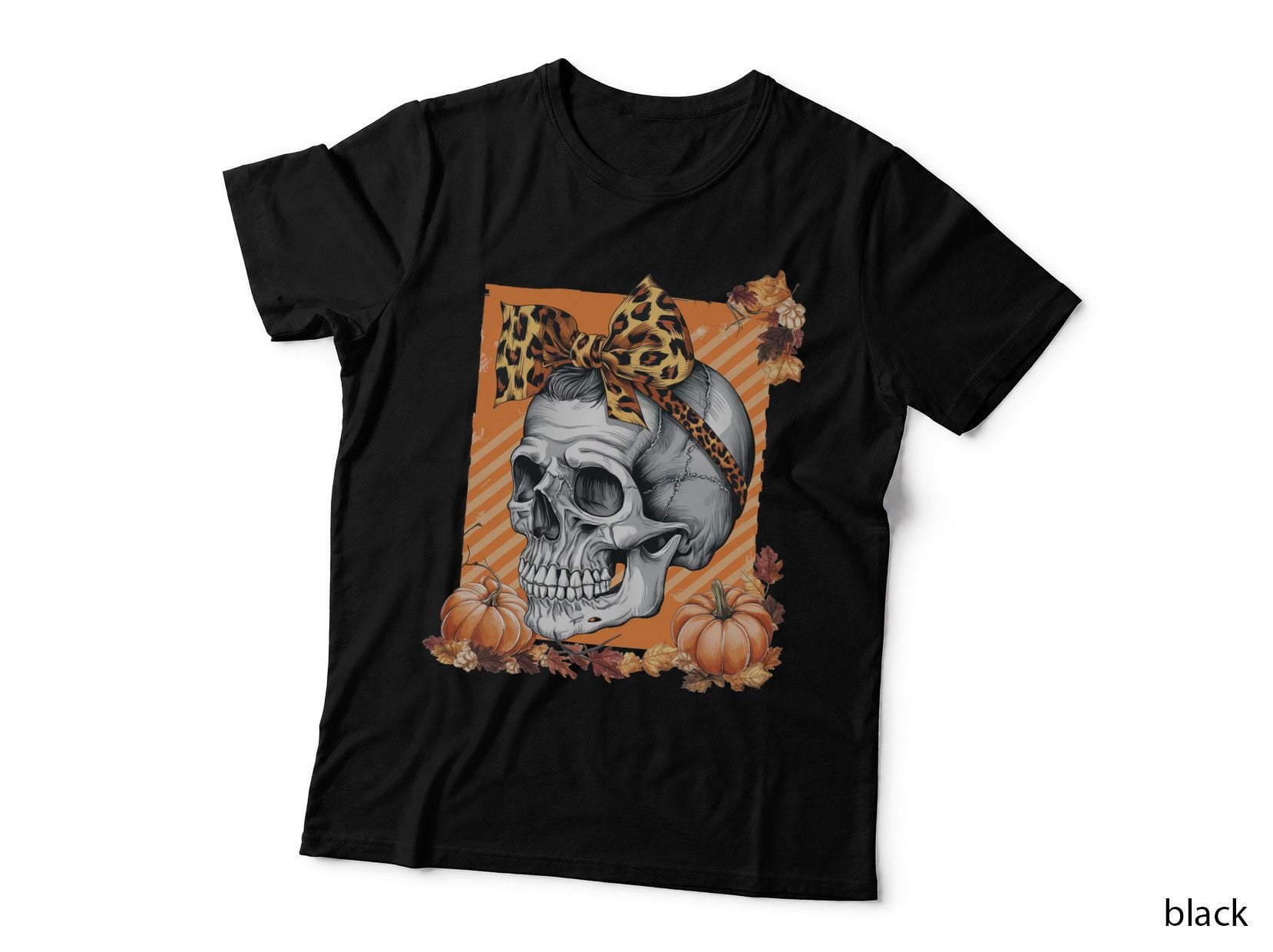 Skull Leopard Bow Autumn Pumpkin Halloween T-Shirt, Spooky Season Graphic Tee