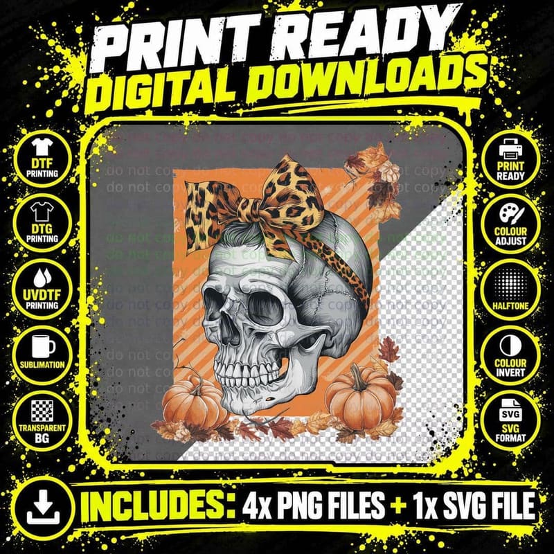 Skull Leopard Bow Autumn Pumpkin Halloween T-Shirt Png SVG Digital Bundle