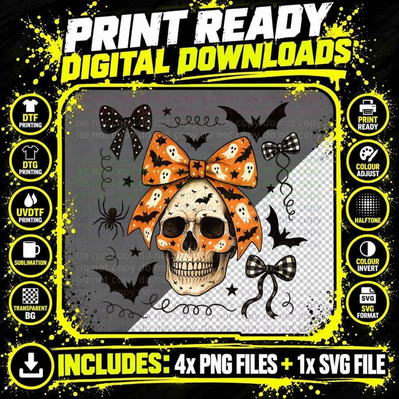 Skull with Patterned Halloween Bow Halloween T-Shirt Png SVG Digital Bundle