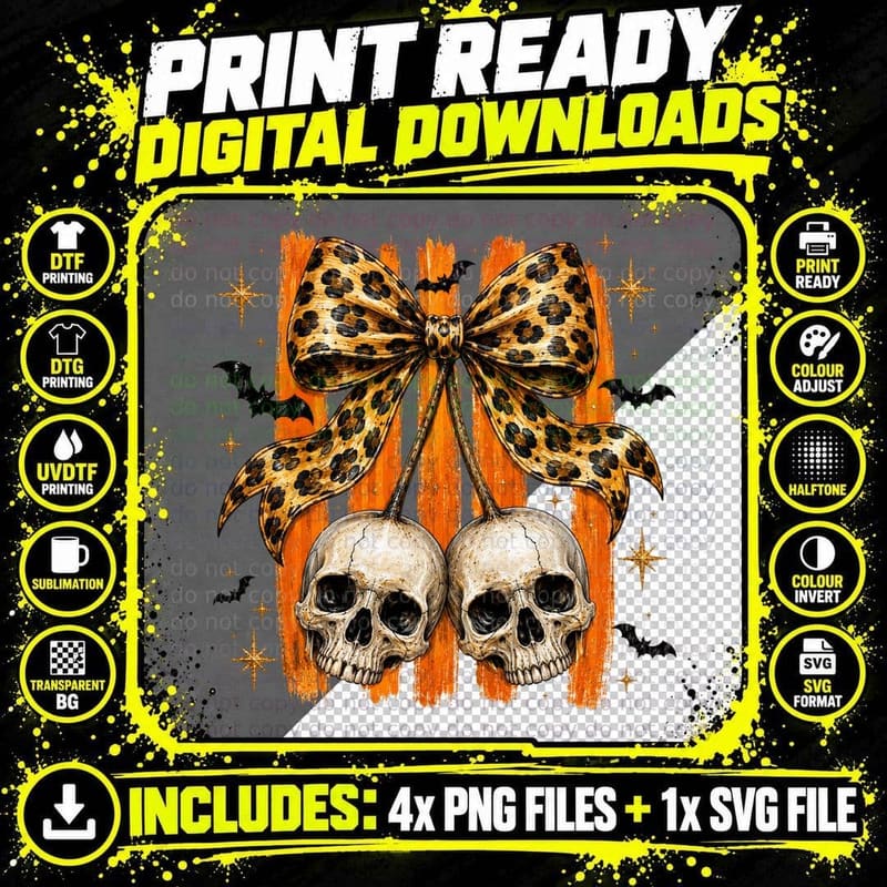 Skulls with Leopard-Print Bow Halloween T-Shirt Png SVG Digital Bundle