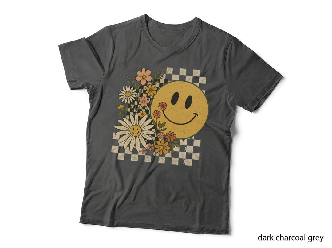 Smiley Face with Floral Checkerboard Background Fall T-Shirt