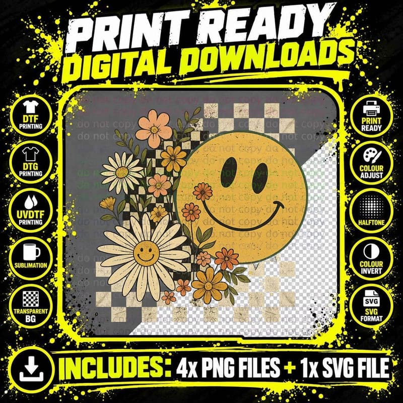 Smiley Face with Floral Checkerboard Background Fall Png SVG Digital Bundle