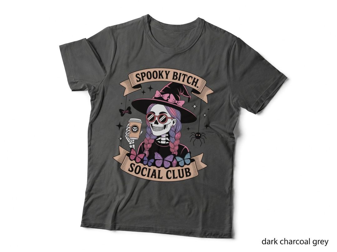 Spooky Bitch Social Club Funny Skull T-Shirt, Spooky Witch Skeleton Holding