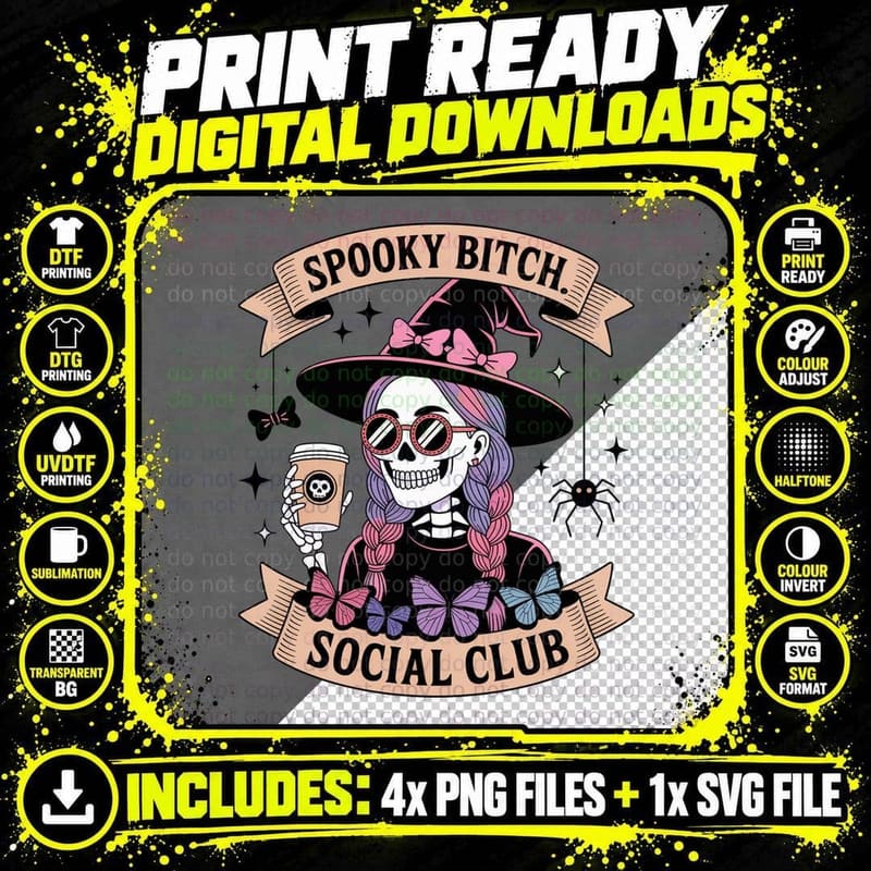 Spooky Bitch Social Club Funny Skull T-Shirt Png SVG Digital Bundle