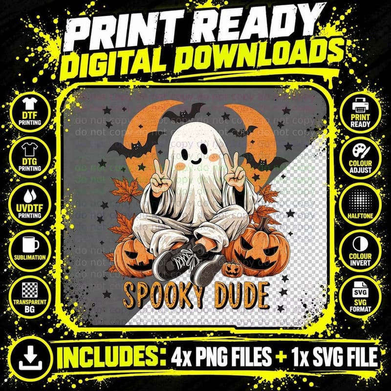 Spooky Dude Fall T-Shirt, Ghost Peace Sign Halloween Png SVG Digital Bundle