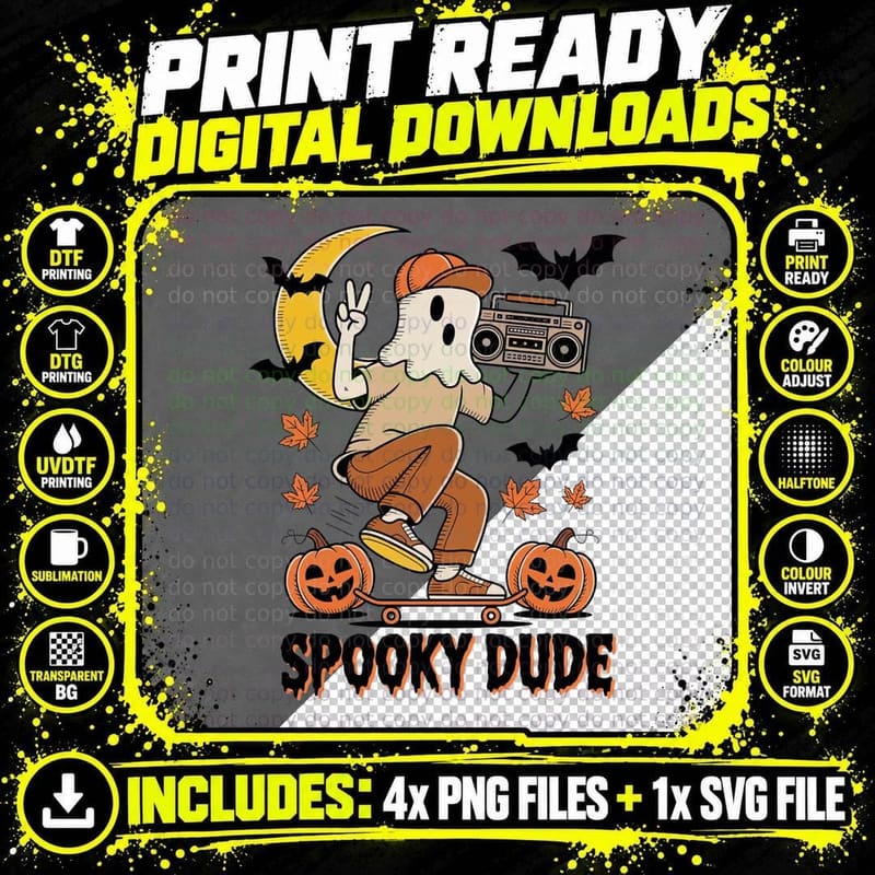 Spooky Dudes Halloween T-Shirt, Skeleton Skateboard Png SVG Digital Bundle