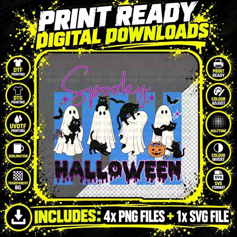 Spooky Halloween T-Shirt, Ghosts Black Cats Float Spooky Png SVG Digital Bundle