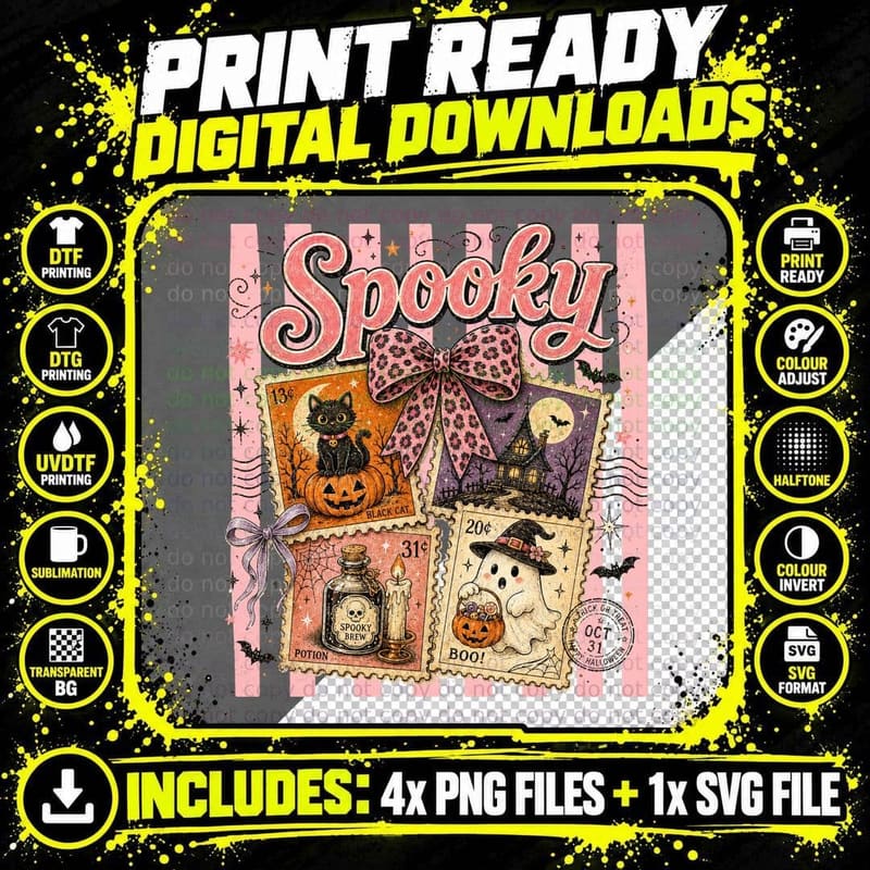 Spooky Halloween T-Shirt, Vintage Spooky Stamps Png SVG Digital Bundle