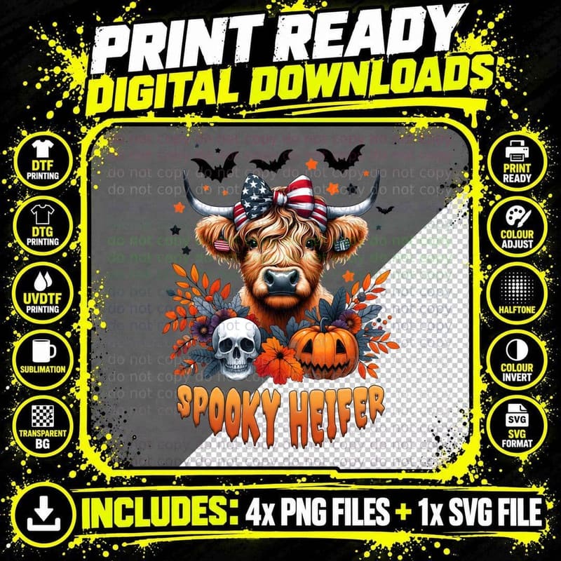Spooky Heifer Highland Cow T-Shirt Png SVG Digital Bundle