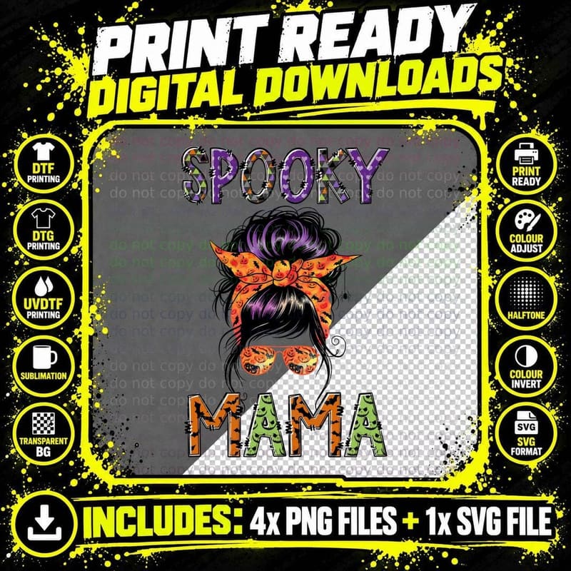 Spooky Mama Mom T-Shirt, Spooky Halloween Girl with Bow Png SVG Digital Bundle