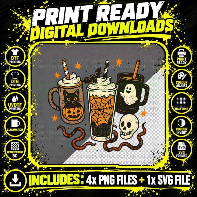 Spooky Season Beverage Mugs Halloween T-Shirt Png SVG Digital Bundle