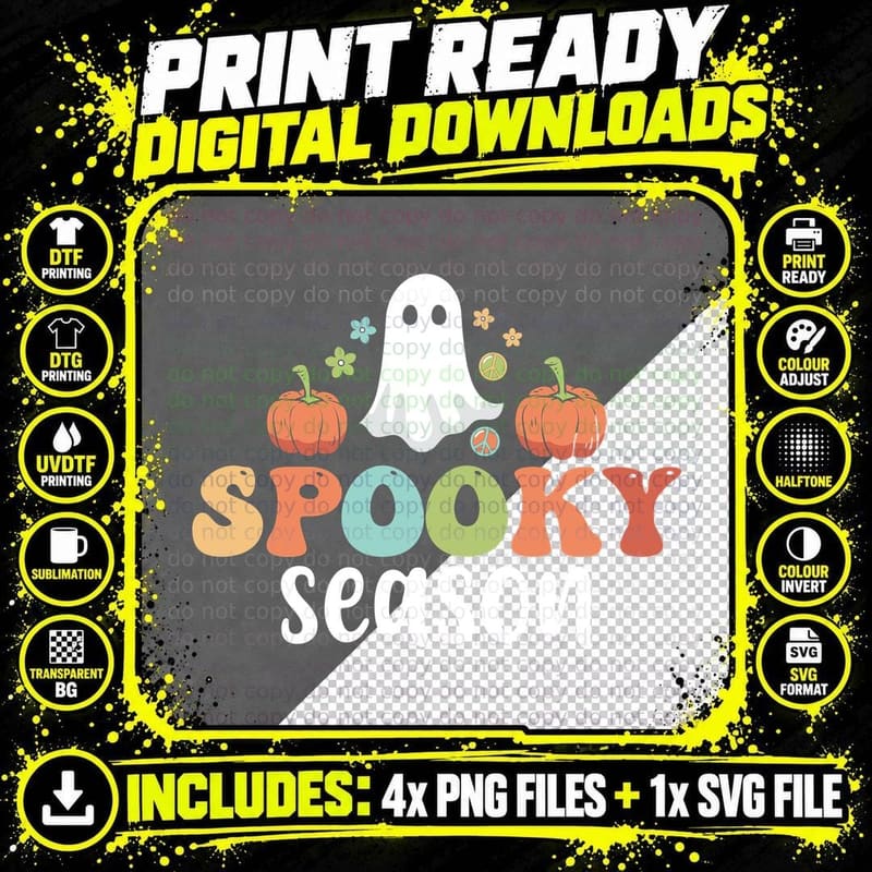 Spooky Season Fall T-Shirt, Ghost Pumpkins Peace Signs Png SVG Digital Bundle