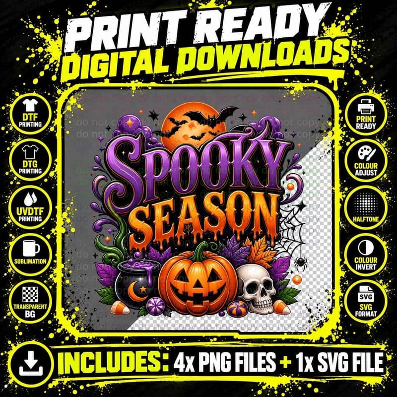 Spooky Season Fall T-Shirt, Spooky Jack-O-Lantern Skull Png SVG Digital Bundle