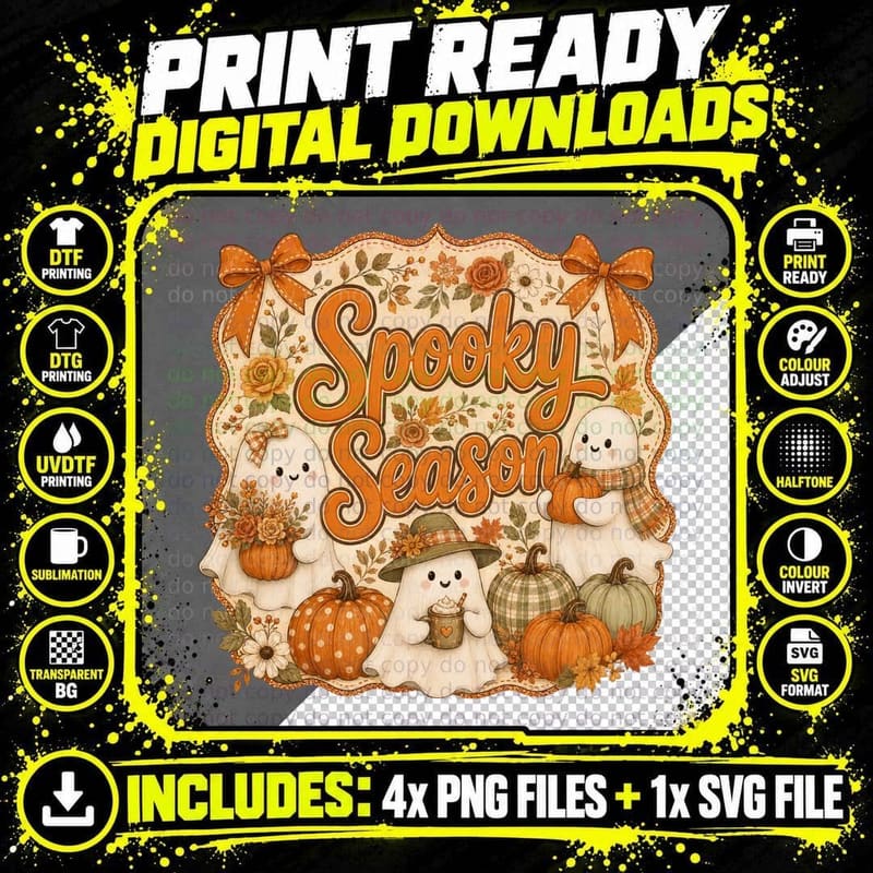 Spooky Season Fall T-Shirt, Spooky Season Cute Ghost Png SVG Digital Bundle