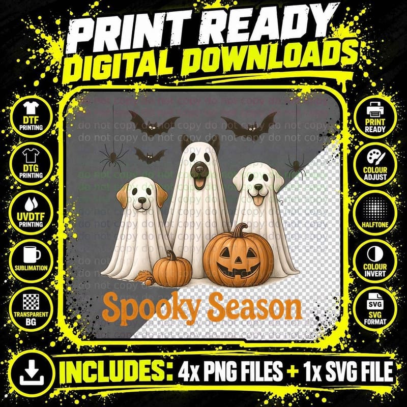 Spooky Season Halloween T-Shirt, Dogs Dressed Ghost Png SVG Digital Bundle