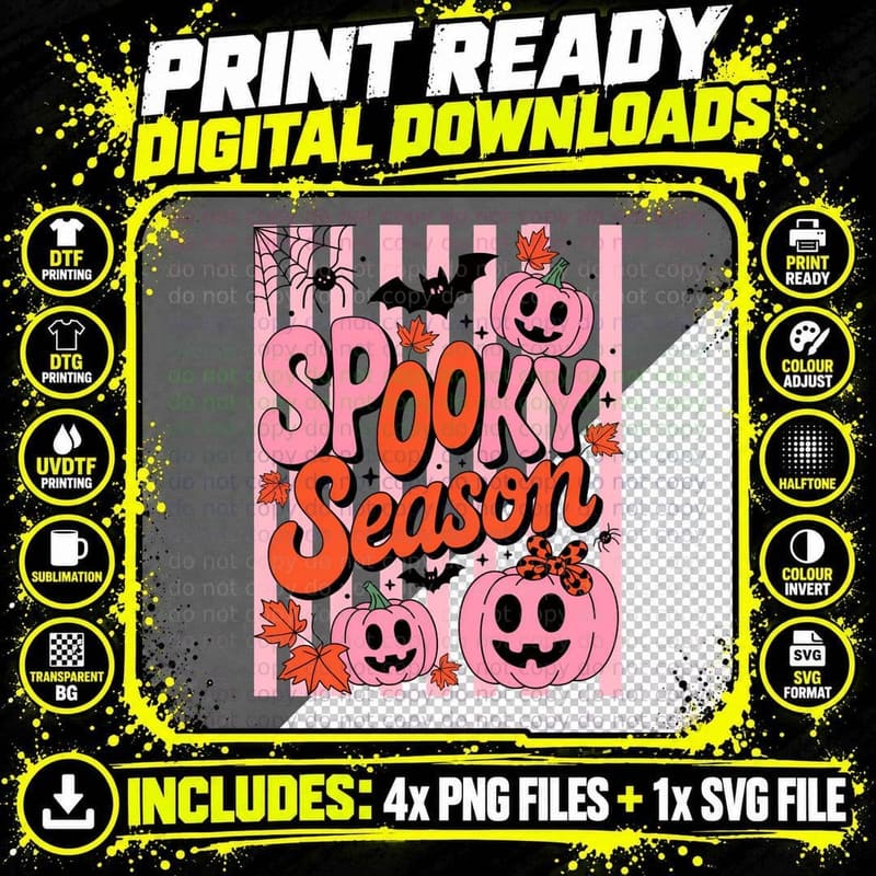 Spooky Season Halloween T-Shirt, Pink Pumpkin Pattern Png SVG Digital Bundle