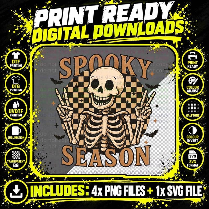 Spooky Season Halloween T-Shirt, Skeleton Peace Signs Png SVG Digital Bundle