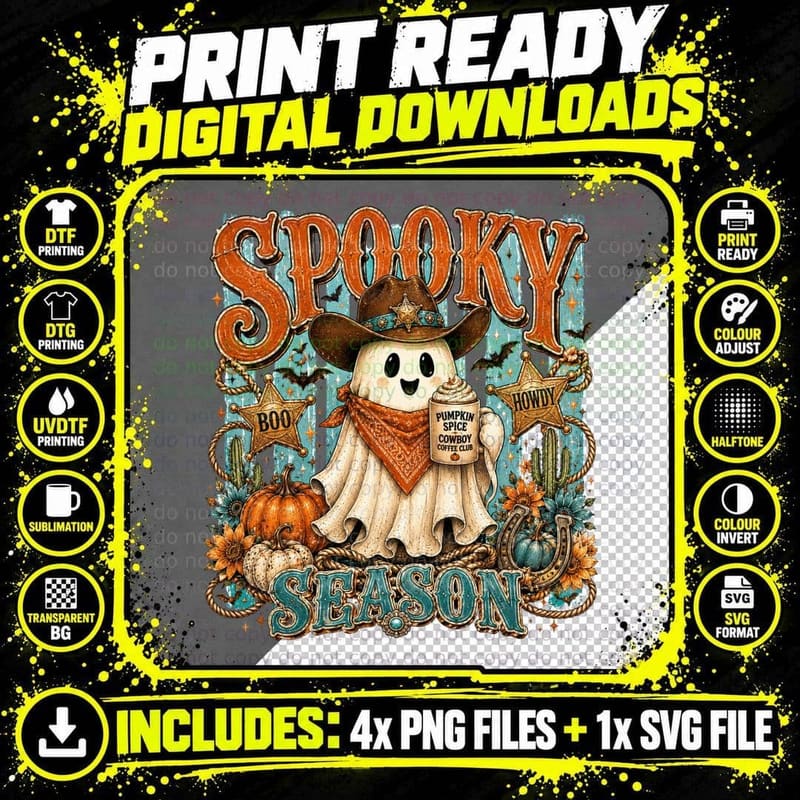 Spooky Season Pumpkin Spice Cowboy Coffee Club Halloween Png SVG Digital Bundle