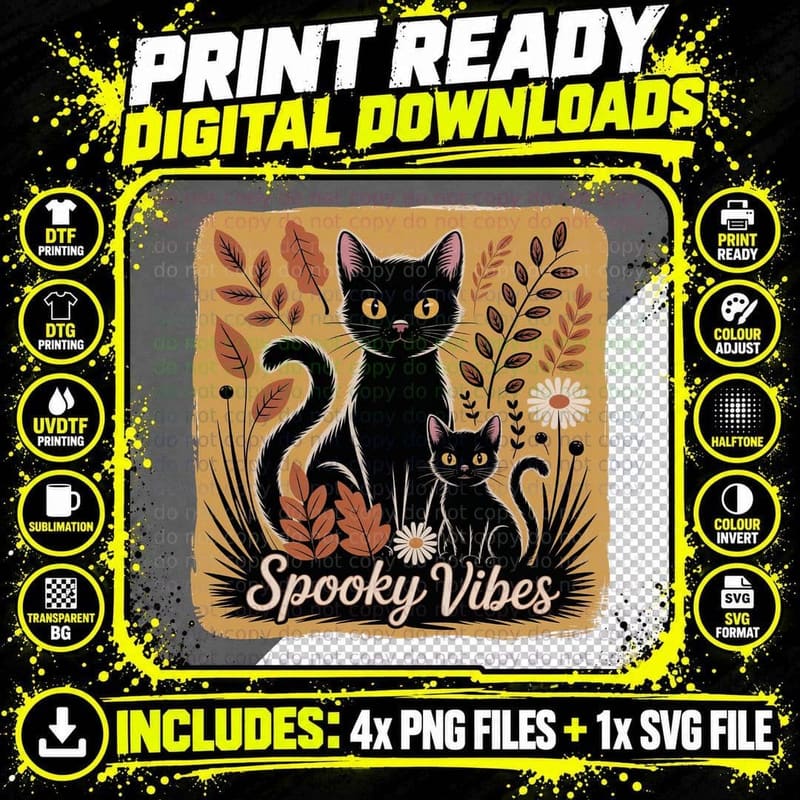 Spooky Vibes Halloween T-Shirt, Black Cat Autumn Flowers Png SVG Digital Bundle