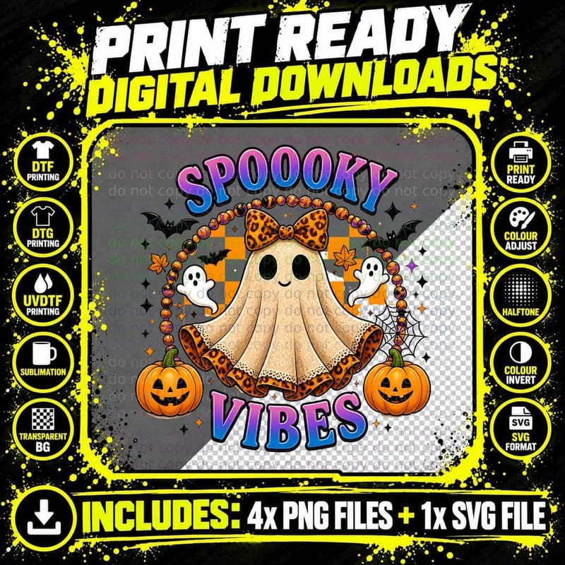Spooky Vibes Halloween T-Shirt, Cute Ghost Leopard Bow Png SVG Digital Bundle