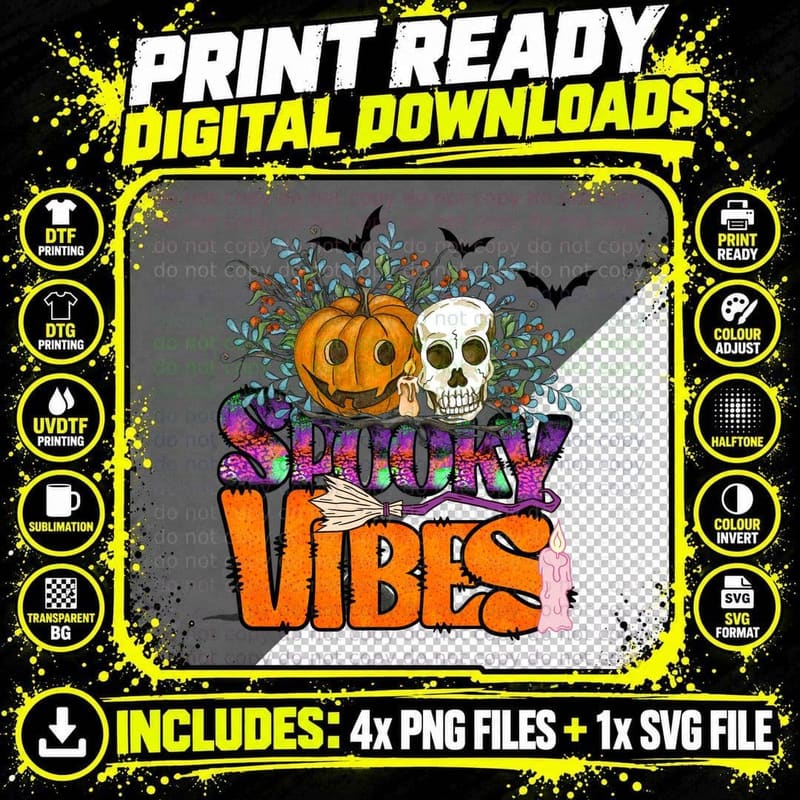 Spooky Vibes Halloween T-Shirt, Pumpkin Skull Witchy Png SVG Digital Bundle