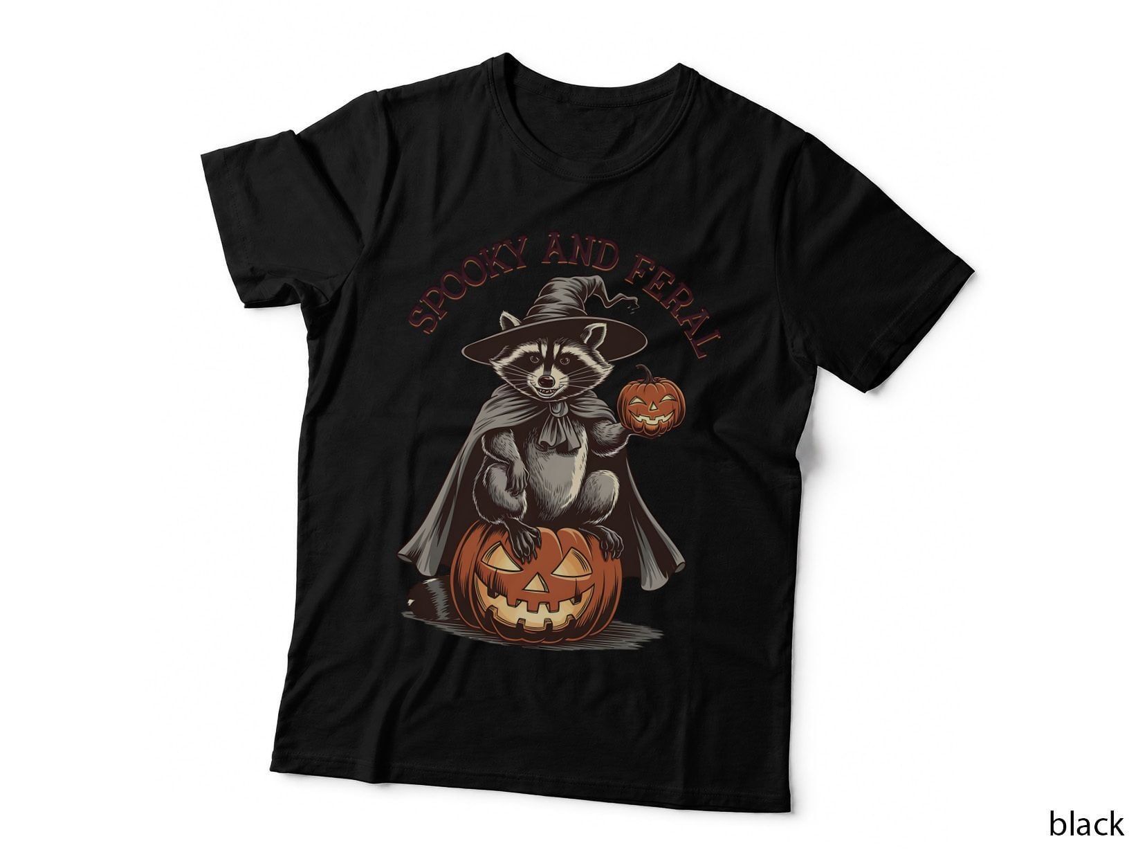 Spooky and Feral Funny Halloween T-Shirt, Raccoon in Witch Costume with Graphic