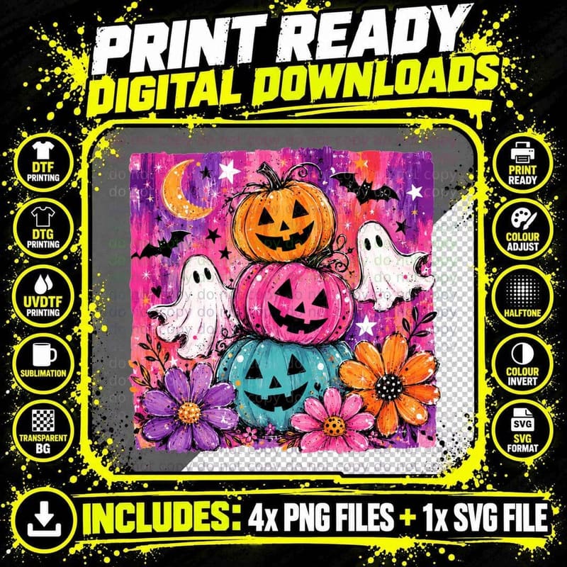 Stacked Pumpkins Ghost Flowers Halloween T-Shirt Png SVG Digital Bundle